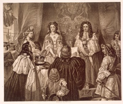 Die Krone, die William und Mary von den Lords und Commons in Whitehall am 12. Februar angeboten wurde von Edgar Melville (after) Ward
