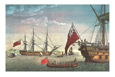 Napoleon geht an Bord der Northumberland für seine Reise nach St. Helena, 8. August 1815, um 1850 von Edme Bovinet