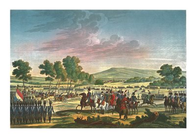 Die Kaiserliche Garde manövriert in Anwesenheit der beiden Kaiser in Tilsit, 28. Juni 1807, um 1850 von Edme Bovinet