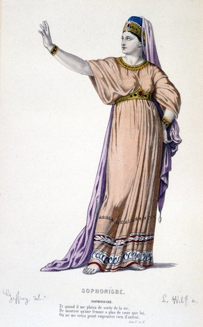 Die Figur der Sophonisbe in der Tragödie Sophonisbe - Vollständiges Theater: (Sammlung von Stücken von Corneille) Zeichnung von Geffroy, Gravur von L. Wolff - Hrsg. Laplace, Sanchez et Cie, Paris 1884 von Edmond Aime Florentin Geffroy