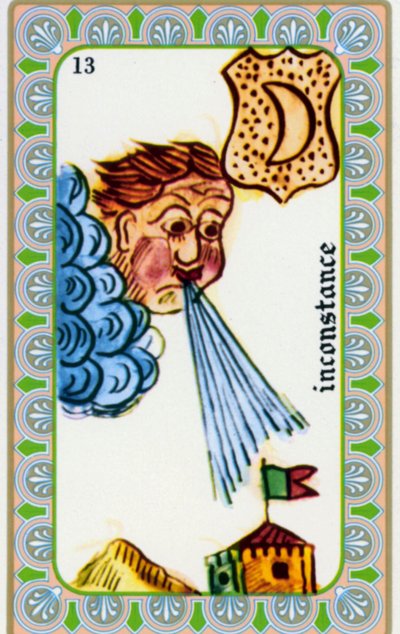 Tarot von Magus Belline gezeichnet von Edmond Billaudot ca. 1845 und an den Hellseher Belline zur Neuauflage gegeben: Karte der Unbeständigkeit: Der Wind weht von Edmond Billaudot