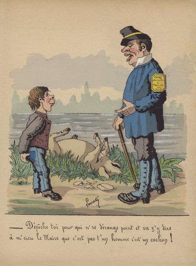 Wildhüter und Junge mit einem toten Schwein (Farblitho) von Edmond Lavrate