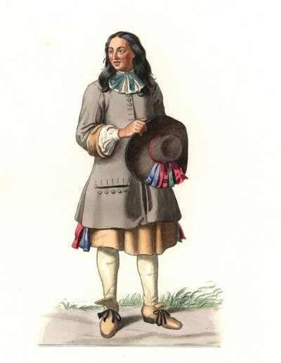 Französischer Bauer 17. Jahrhundert, nach einem Stich von 1679, von Jean Saint Jean - Lithografie einer Illustration von Edmond Lechevallier-Chevignard (1825-1902), aus 