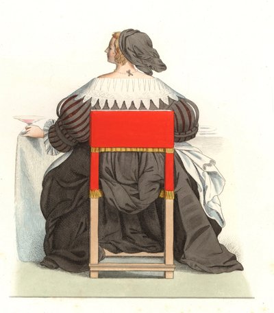 Französische Frau 17. Jahrhundert, nach einem Stich von Abraham Bosse (1602-1676) - Lithographie nach einer Illustration von Edmond Lechevallier-Chevignard (1825-1902), aus „Costumes historiques des 16th“ von Edmond Lechevallier Chevignard