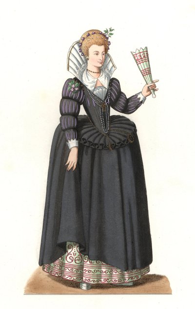 Französische Frau unter der Herrschaft von König Heinrich III. (1551-1589) - Lithographie basierend auf einer Illustration von Edmond Lechevallier-Chevignard (1825-1902), aus „Costumes historiques des 16th“ von Edmond Lechevallier Chevignard