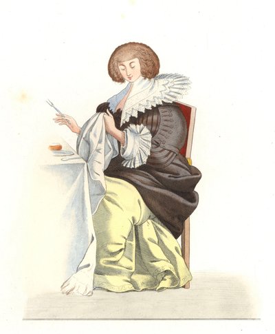 Frau des französischen Adels 16. Jahrhundert, nach einem Stich von Abraham Bosse (1602-1676) - Lithographie nach einer Illustration von Edmond Lechevallier-Chevignard (1825-1902), aus „Costumes historiques des 16th“ von Edmond Lechevallier Chevignard
