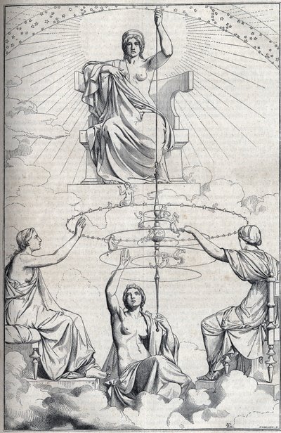Allegorie von Platons „Spindel der Notwendigkeit“. Auf ihrem Thron sitzend dreht die Göttin der Notwendigkeit eine Spindel. Auf jedem dieser Kreise befindet sich eine Sirene. Um die Spindel herum die Parzen, Töchter der Notwendigkeit, die das Schicksal sym von Edmond Lechevallier Chevignard
