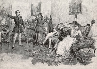 Zwei Frauen und zwei Kinder, erschreckt von einem einschüchternden Mann, Gravur nach einer Illustration von Edoardo Matania zum Buch 