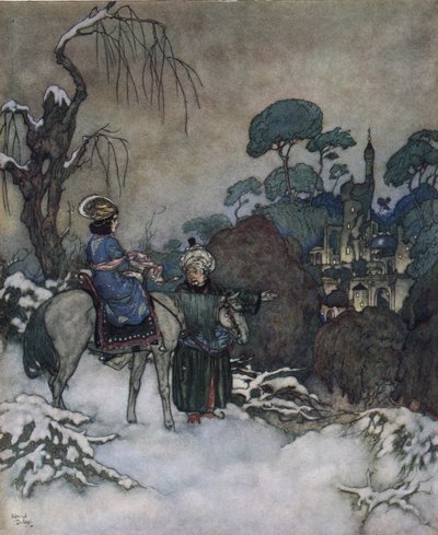 Die Schöne und das Biest: die Belle, die zugestimmt hat, den Platz ihres Vaters als Gefangene des Biests einzunehmen, um ihn zu befreien, geht auf das Schloss zu, ca. 1910 von Edmund Dulac