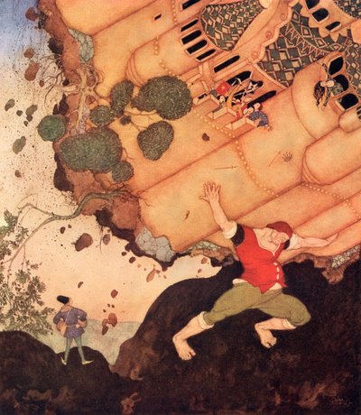 Hallo Freund, nimm das ganze Schloss mit der Königin und allem, was es enthält, auf deine Schultern, Illustration aus dem belgischen Märchen Die sieben Eroberer der Königin des Mississippi, aus Edmund Dulacs Märchenbuch: Märchen der Alliierten Nationen von Edmund Dulac