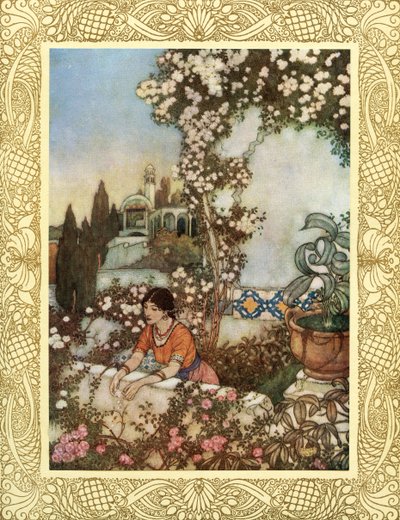 Schau auf die blühende Rose um uns herum - "Sieh, lachend," sagt sie, "in die Welt blase ich: Sofort den seidigen Quasten meiner Börse zerreißen und ihren Schatz in den Garten werfen, Illustration aus 