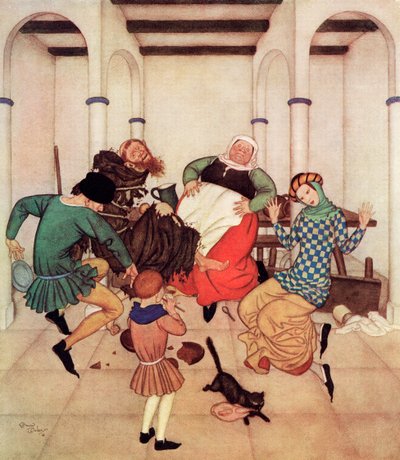 „Der Mönch, fest an den Pfahl gebunden, wand sich und zappelte, zeigte deutlich, dass er es tun würde, wenn er könnte“, Illustration aus dem englischen Märchen Der Mönch und der Junge, aus Edmund Dulacs Märchenbuch: Märchen der Alliierten Nationen, veröffe von Edmund Dulac