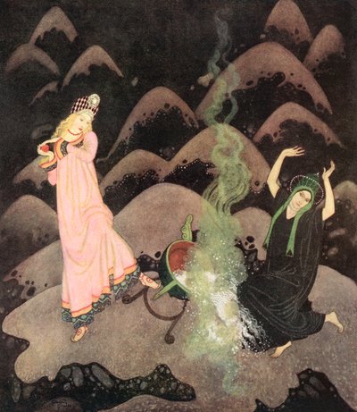 "Mit einem Schrei stürzte die Prinzessin vor und bevor ihre böse Schwester sie aufhalten konnte, hatte sie den Kessel mit einem Krachen umgestoßen", Illustration aus dem russischen Märchen Der Feuervogel, aus Edmund Dulacs Märchenbuch: Märchen der Alliiert von Edmund Dulac