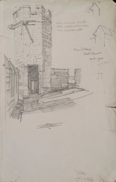 Skizze des Glockenturms am New College, zeigt Detail des bleigedeckten Dachs, 1908 Bleistift auf Papier von Edmund Hort New
