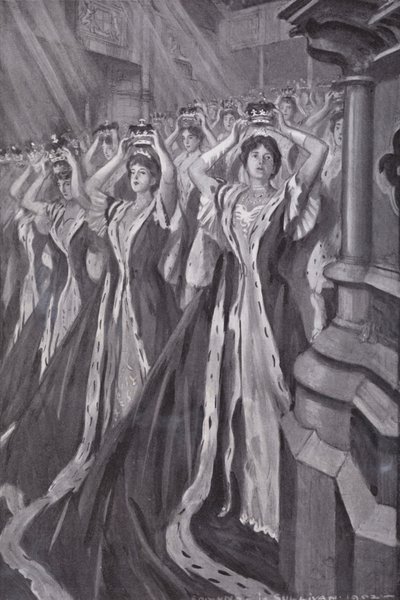 Peeressen setzen ihre Kronen bei der Krönung von Königin Alexandra, Gemahlin von König Edward VII., in der Westminster Abbey, London, auf von Edmund Joseph (after) Sullivan