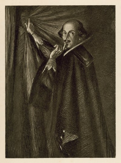 William Shakespeare hält den Vorhang und fordert uns auf, leise zu sein von Edmund Joseph Sullivan