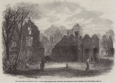 Das späte Feuer im Campden House, Ansicht der Gartenfront, die die Überreste des Theaters zeigt von Edmund Morison Wimperis