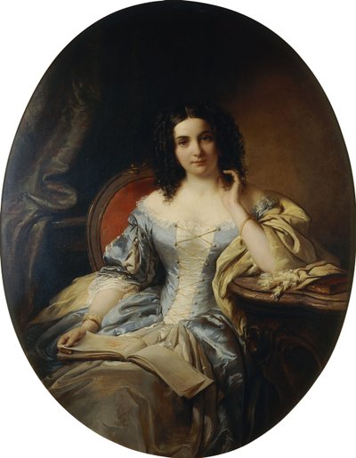 Porträt einer sitzenden Dame im blauen und weißen Kleid, 1853 von Edouard Ender