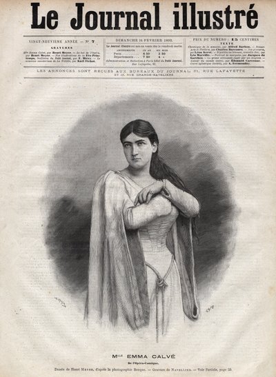 Porträt von Emma Calve (Rosa Noemie Emma Calvet de Roquet, genannt) (1858-1942), französische Sopranistin - Gravur von Navellier in „The Illustrous Journal“ von 1892 von Edouard Felicien Eugene Navellier
