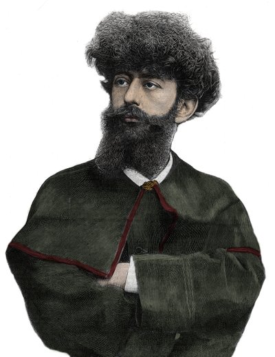 Der Sar Merodack Josephin Peladan, Pseudonym von Josephin Peladan (1858-1918), französischer Schriftsteller und Okkultist - Gravur von Navellier in „The Illustrous Journal“ von 1892 von Edouard Felicien Eugene Navellier