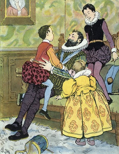 König von Frankreich Henri IV spielt mit seinen Kindern (1553-1610) Illustration von Edouard Zier in „Nos-Gloriers-Nationales“ 1920 Privatsammlung von Edouard Francois Zier