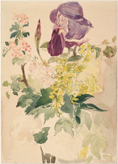 Blumenstück mit Iris, Goldregen und Geranie, 1880 von Édouard Manet
