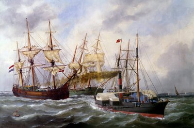 Zwei Dreimaster von Le Neptune in Le Havre im Jahr 1882 von Edouard Marie Adam