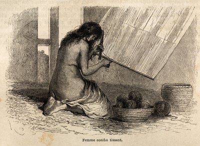 Ein Conibo-Indianer aus Peru beim Weben, Zeichnung von Riou zur Illustration der Reise von 1848 bis 1860 von P. Marcoy, vom Pazifik zum Atlantik. Gravur in „Le tour du monde“, herausgegeben von Edouard Charton von Edouard Riou