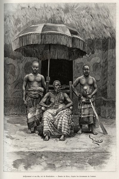 Ardjoumani (gestorben 1892) und seine Söhne, König von Bondoukou (Elfenbeinküste). Gravur von Riou, zur Illustration der Geschichte „Vom Niger zum Golf von Guinea“ von Hauptmann Louis Gustave Binger (1856-1936), 1887-1889, in Le Tour du monde. von Edouard Riou