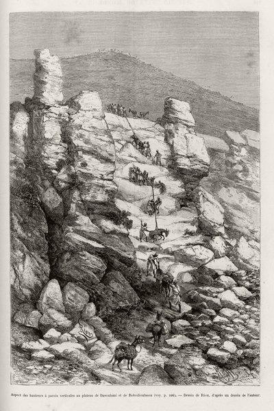 Aspekt der Höhen mit senkrechten Wänden am Dasoulami- und Bobodioulasou-Plateau (Golf von Guinea), Beschreibung der Techniken zum Einhaken der Berge des Expeditionskonvois. Gravur von Riou, zur Illustration der Geschichte „Von Niger zum Golf von Guinea“ von Edouard Riou