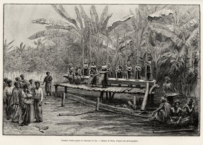 Batak-Frauen, ethnische Gruppe von Nord-Sumatra, stampfen und reinigen Reis. Gravur von Riou zur Illustration der Geschichte „Ein Jahr in Malaysia“, von Jules Claine (1856-1939) von Edouard Riou