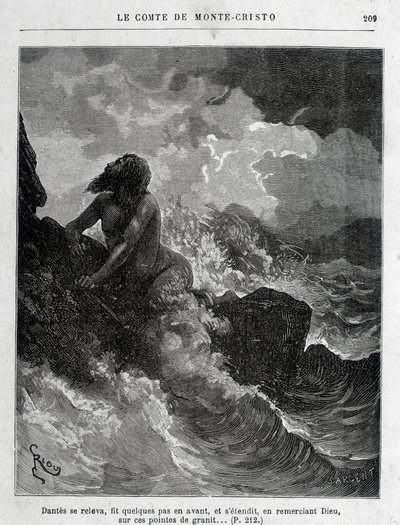 Dantès entkommt schwimmend - Gravur von Riou, in „Der Graf von Monte Cristo“ von A. Dumas, ed. Jules Rouff & Cie von Edouard Riou