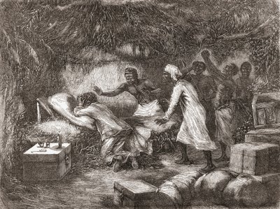 Tod von Dr. Livingstone im Dorf Tchitammbo, Afrika, 1873, Illustration aus "Die Welt in den Händen", veröffentlicht 1878 von Edouard Riou