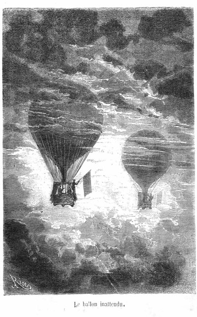 Zeichnung aus dem Buch von Jules Verne „Fünf Wochen im Ballon“ Sammlung Hetzel/Außergewöhnliche Reisen. Der Victoria-Ballon trifft einen anderen Ballon in den Wolken von Edouard Riou