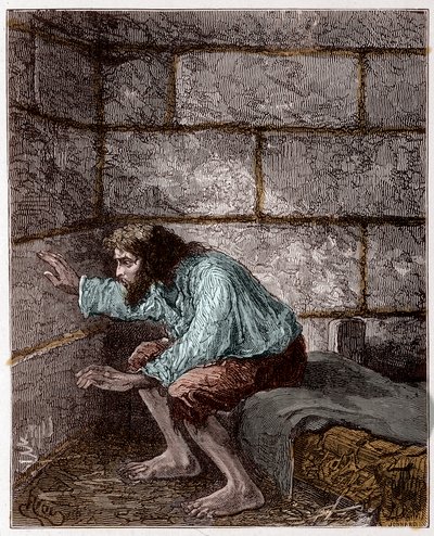 Edmond Dantes, alias der Graf von Monte Cristo in seinem Gefängnis - Gravur von Riou in "Der Graf von Monte-Cristo" von Alexandre Dumas von Edouard Riou