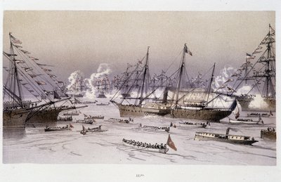 Einfahrt des Adlers nach Port Said zur Einweihung des Suezkanals - in "Durch den Isthmus von Suez" von Riou, Marius Fontaine von Edouard Riou