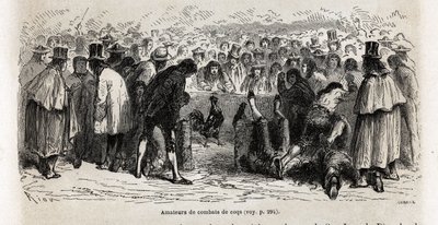 Kämpfer versammeln sich jeden Sonntag um die Cancha de Gallos (Zirkus von 30 Fuß Umfang), um den tödlichen Kämpfen der Tiere in Cuzco beizuwohnen, Zeichnung von Riou, zur Illustration der Reise durch Südamerika von 1848 bis 1860 von Paul Marcoy. Gravur von Edouard Riou