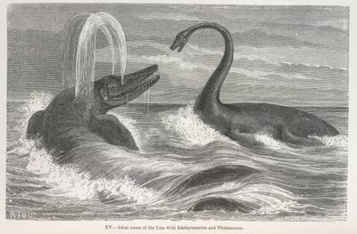 Ideale Szene des Lias mit Ichthyosaurus und Plesiosaurus von Edouard Riou