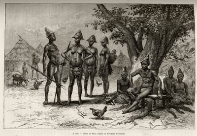 In Lera (oder Dera, Niger), Typen von Mandes. Gravur von Riou zur Illustration der Geschichte „Vom Niger zum Golf von Guinea“ von Hauptmann Louis Gustave Binger (1856-1936), veröffentlicht in Le Tour du monde von Edouard Riou