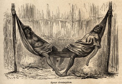 Indische Ehemänner Chontaquiros aus Peru schlafen in ihrer Brauthängematte, Zeichnung von Riou zur Illustration der Reise von 1848 bis 1860 von P. Marcoy, vom Pazifik zum Atlantik. Gravur in „Le tour du monde“, herausgegeben von Edouard Charton von Edouard Riou