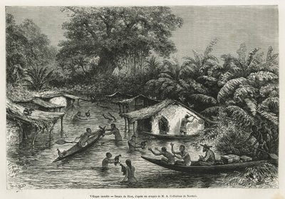 Überflutete Dörfer, Zeichnung von Riou, um die Geschichte einer Reise nach Gabun und zum Ogoue-Fluss in 1875-1877 von Alfred Marche zu illustrieren. Gravur in Le tour du monde von Edouard Riou