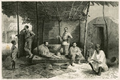 Installation der Mission in Nango, für einen 10-monatigen Aufenthalt, mit Porträts von Gallieni und seinen Kapitänen Valliere und Pietri, Doktor Tautain sowie seinen Dolmetschern, Führer und Kantiniere. Gravur von Riou, basierend auf einer Skizze des Autor von Edouard Riou