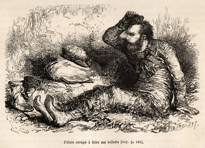 Leutnant Tyson bei seiner morgendlichen Toilette, ein Kamm vor dem Anziehen seiner Stiefel, Radierung nach einer Zeichnung von E. Riou, die die Geschichte des Polaris-Eisfloßes von Leutnant Tyson in 1870-1873 illustriert, veröffentlicht in "Le tour du mond von Edouard Riou