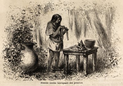 Herstellung von Töpferwaren durch einen Conibo-Indianer aus Peru, Zeichnung von Riou zur Illustration der Reise von 1848 bis 1860 von P. Marcoy, vom Pazifischen Ozean zum Atlantischen Ozean. Gravur in „Le tour du monde“, herausgegeben von Edouard Charton von Edouard Riou