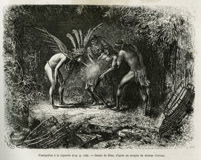 Medizinische Räucherung mit Zigaretten bei den Roucouyan-Indianern. Gravur von Riou, um die Geschichte von Cayenne aux Andes von Jules Crevaux, Arzt der französischen Marine, in 1878-1879 zu illustrieren, veröffentlicht in der Tour du monde, unter der Leit von Edouard Riou
