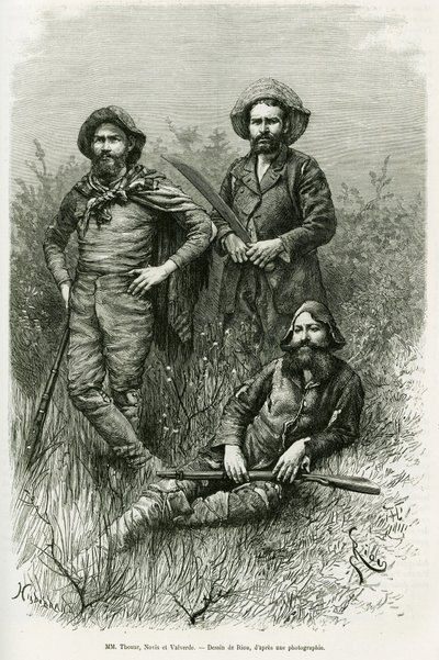 Mitglieder der Expedition: Herr Thouar, Herr Novis und Herr Valverde. Gravur von Riou, zur Illustration der Geschichte 