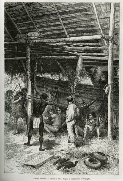 Morgendlicher Angriff auf die Hütte des Entdeckers durch Indianer von den Ufern des Amazonas. Gravur von Riou, zur Illustration der Geschichte von Cayenne zu den Anden von Jules Crevaux, Arzt der französischen Marine, 1878-1879, veröffentlicht in Le tour d von Edouard Riou