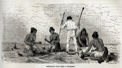 Paul Marcoy lernte, einen Teppich mit den Witwen von Sarayacu (Peru) zu machen von Edouard Riou