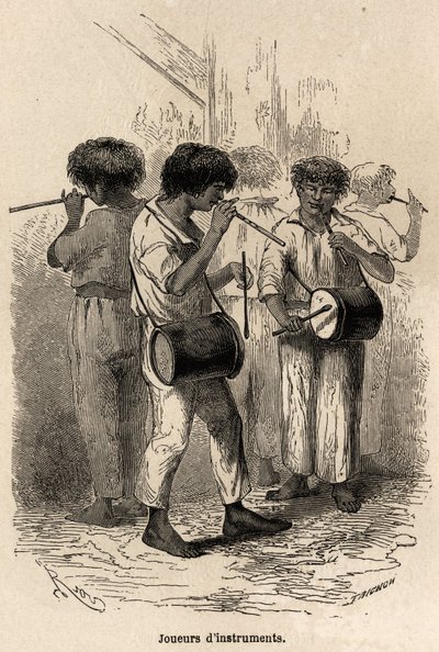 Spieler von Musikinstrumenten in Sarayacu (Peru), Zeichnung von Riou, zur Illustration von Paul Marcoys Reise vom Pazifischen Ozean zum Atlantischen Ozean von 1848 bis 1860. Gravur in „Le tour du monde“, herausgegeben von Edouard Charton von Edouard Riou