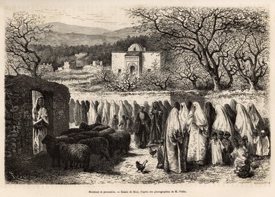 Prozession zum Marabout de Tlemcen (Grab mit einer Kuppel eines verehrten Mannes des Islam), graviert nach einer Zeichnung von E. Riou, zur Illustration der Reise nach Tlemcen (Algerien), von E. de Lorral, 1875, veröffentlicht in „Le tour du monde“ 1875, h von Edouard Riou